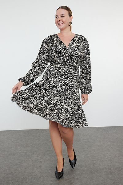 Trendyol Curve Leopard Print A-Line Mini Knitted Dress - Plus Size Tbbaw23Ah00003