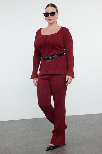 Trendyol Curve Dark Cherry Knitwear Top and Bottom Set - With Flywheel and Buttons TBBAW25CP00009