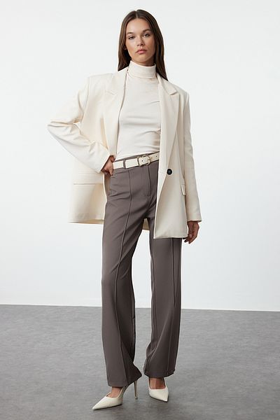 Trendyol Collection Anthrazitfarbene, gerade geschnittene, gewebte Hose mit hoher Taille und gerippten Nähten TWOSS21PL0093