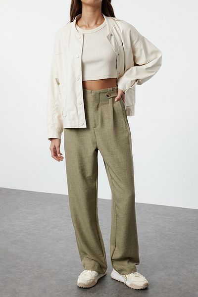 Edit by Trendyol Khaki Waist Detailed Wide Leg/Wide Leg Woven Kalhoty Tedaw25Pl00000