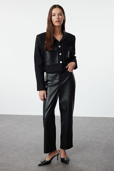 Trendyol Collection Black Shirt Collar Lined Leather Detail Short/Crop Jacket Twoaw25Ce00009