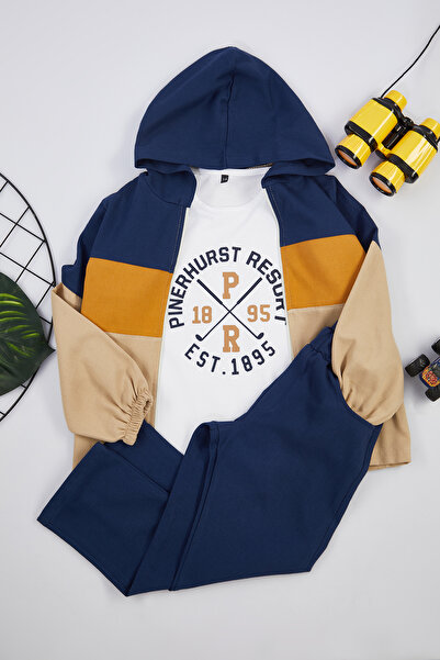 TRENDYOLKIDS Fiú sötétkék kardigán-póló-nadrág szett 3 db pamut kötött öltöny - TKDAW25AU00042