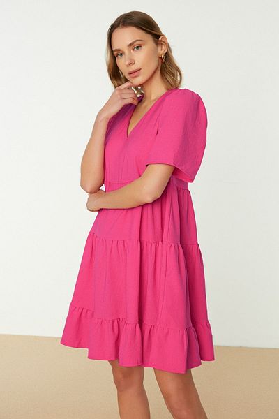 Trendyol Collection Μίνι Φούξια Φόρεμα με λαιμόκοψη - Φαρδύ κόψιμο, υφαντό, TWOSS20EL0400