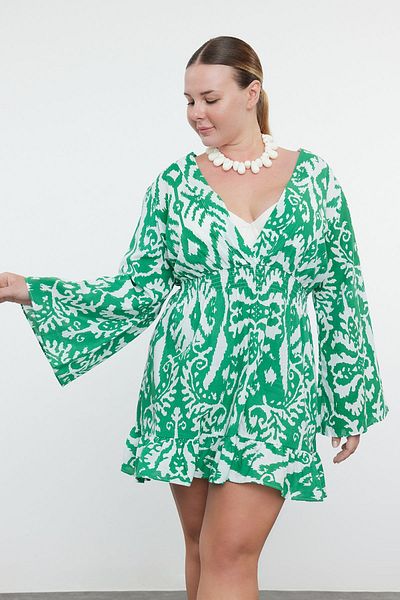 Trendyol Curve Πράσινο έθνικ μοτίβο Skater Mini Beach Dress - Ισπανικό μανίκι TBBSS23AH00114