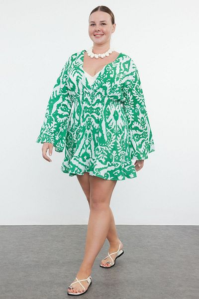 Trendyol Curve Πράσινο έθνικ μοτίβο Skater Mini Beach Dress - Ισπανικό μανίκι TBBSS23AH00114