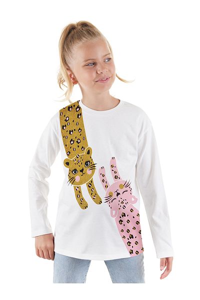Denokids Girl's Leopards Patterned Long Sleeve T-shirt