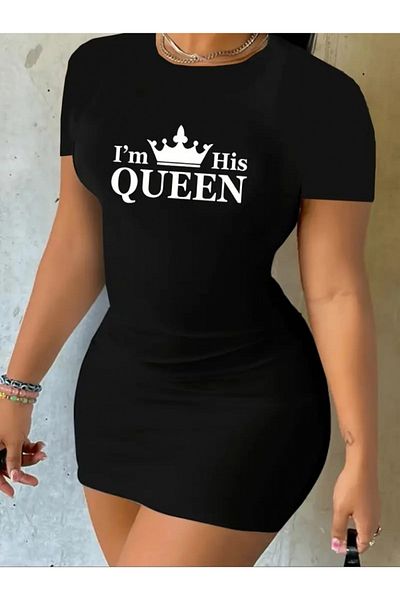 Moka Shopin Γυναικείο Μίνι Φόρεμα Queen Print - Κοντό μανίκι, Δύο Κλωστές MokaShopin