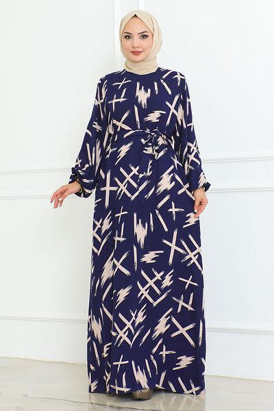 MİSSKAYLE Indigo Brush Pattern - Belted Waist Dress 4335
