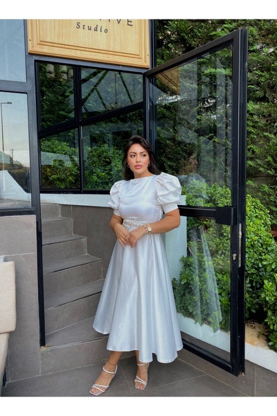 BAHARYAMAÇLI KADIN MİDİ BOY BALON KOL ABİYE ELBİSE