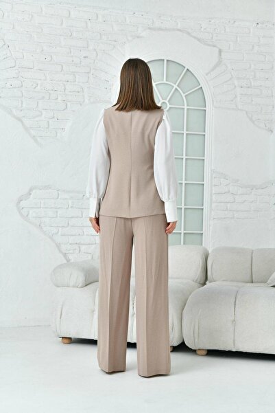 nodilife Salaş Yelekli Keten Takım Elbise Bej