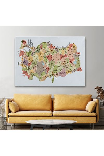 modanight Türkiye Map Canvas Painting Detailed Educational Decorative Painting with Province and County 3045