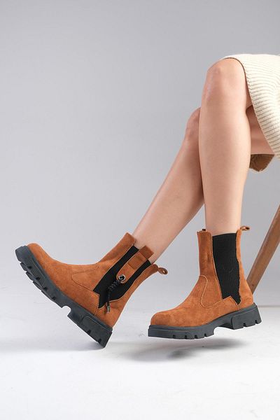 Mio Gusto Hera Tan Colored Elastic Thick Soled Women's Boots