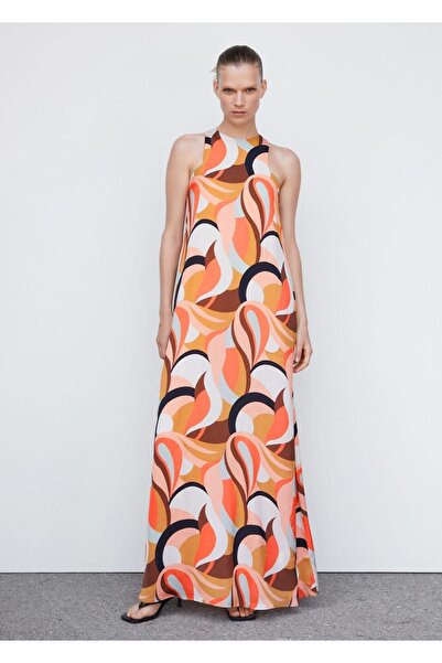 MANGO Woman Desenli Halter Yaka Uzun Elbise