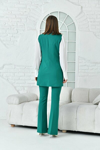 nodilife Yaka İşlemeli Yelekli Takım Elbise Yeşil