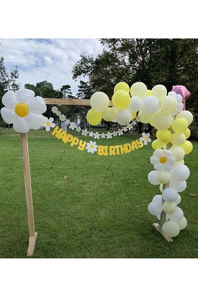 Çemrek Süs Parti Daisy Happy Birthday Banner Pennant and Daisy Balloon Chain Set 55 Pieces