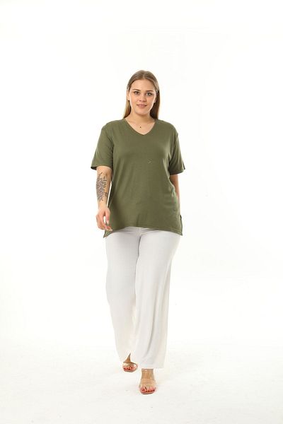GOLVEN V-Neck Green Cotton Large Size T-Shirt