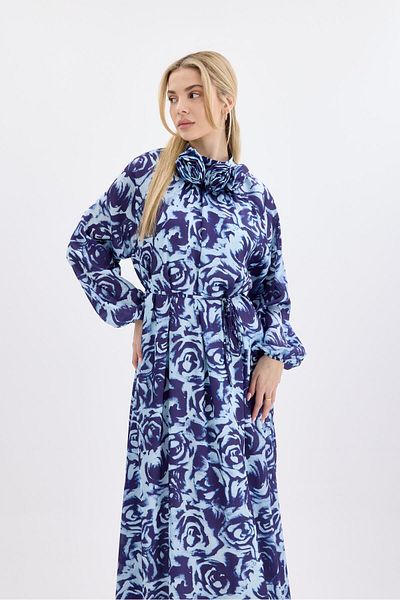 Ahel Tasarım Navy Blue Patterned Satin Rabella Dress with Accessories