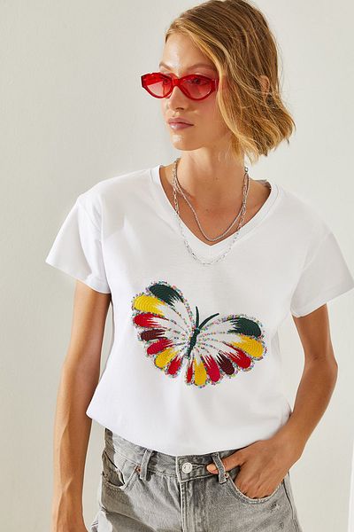 Bianco Lucci Πολύχρωμο Γυναικείο T-Shirt με λαιμόκοψη σε σχήμα πεταλούδας - 60251467