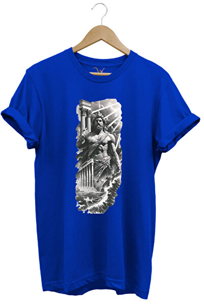 WİDİ تي شيرت يوناني ميتولوجيا بارتينون زيوس مطبوع بقصة عادية صغيرة 100% قطن أزرق