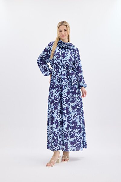 Ahel Tasarım Navy Blue Patterned Satin Rabella Dress with Accessories
