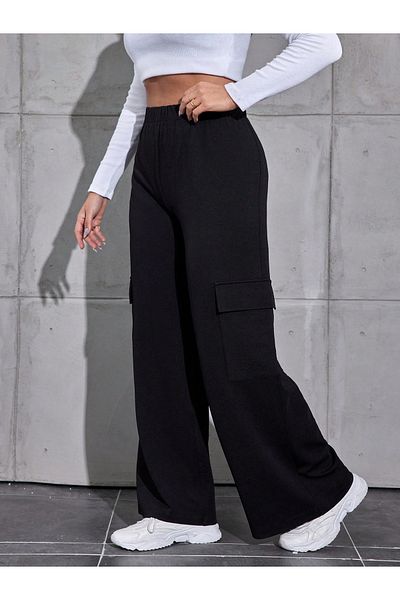 LİKRA Plus Size Women's - Stretchy Crepe Pants, Cargo Pocket and Elastic Waist