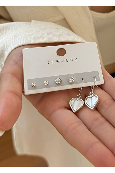 takıtarzım Sedef kalpli silver 3,lü küpe seti