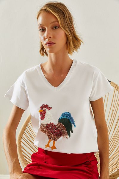 Bianco Lucci Tricou de damă cu paiete colorat, cu decolteu în V, cu model de cocoș - 60251472