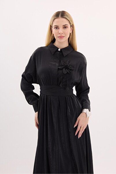 Ahel Tasarım Black Moi Belted Dress with Flower Accessories