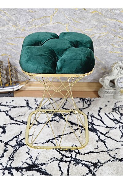 ZAFİR Kare Gold Kaplama Yeşil Puf Oturak - Bench - Ayak Ucu Oturak - Tabure -...