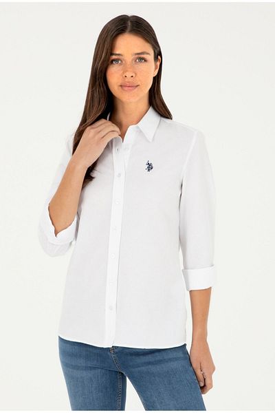 U.S. Polo Assn. Cămașă de bază albă cu mânecă lungă pentru femei