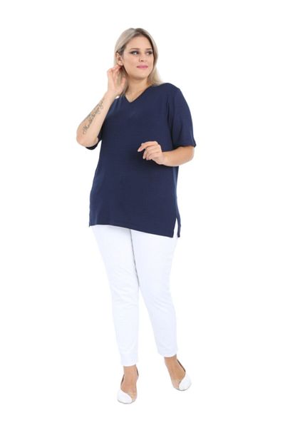 GOLVEN V-Neck Navy Blue Cotton Large Size T-Shirt