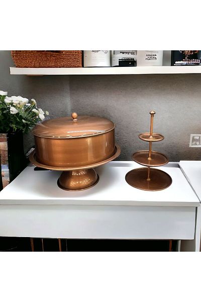 LUCKYHOMES Footed Cake Plate Copper Cake Jar and 3-Layer Snack Bowl, Cookie Holder