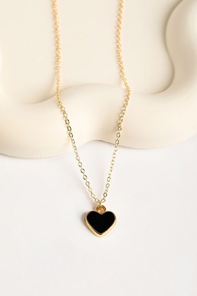 Elika Silver Siyah Kalp Model Gold Kolye