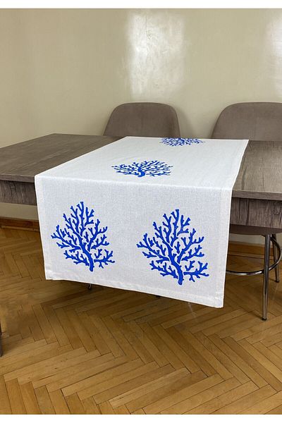 pamukidea Μπλε κοραλλί μοτίβο Runner σανίδα με στάμπα πέτρας εκτύπωσης Buldan βαμβακερό λινό ύφασμα σανίδα Ranır Coral
