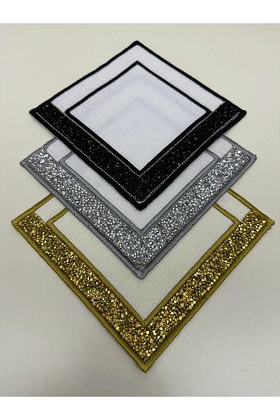 İNCİ ÇEYİZ 3 Pieces of Linen Fabric Crystal Stoned Embroidered Coffee Side Cocktail Napkin & Coasters