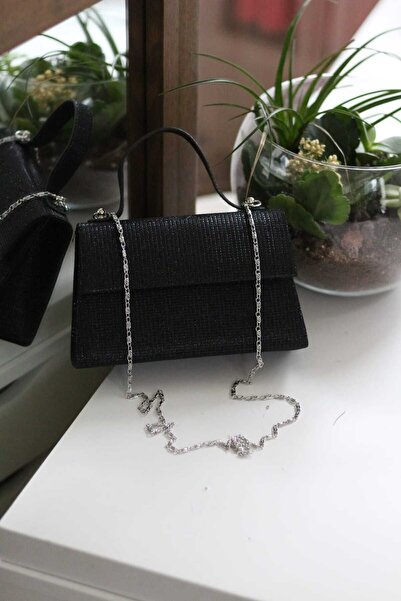 Moom Bag Γυναικεία τσάντα ώμου με λεπτομέρεια βραδινό φόρεμα σε μαύρο γκλίτερ