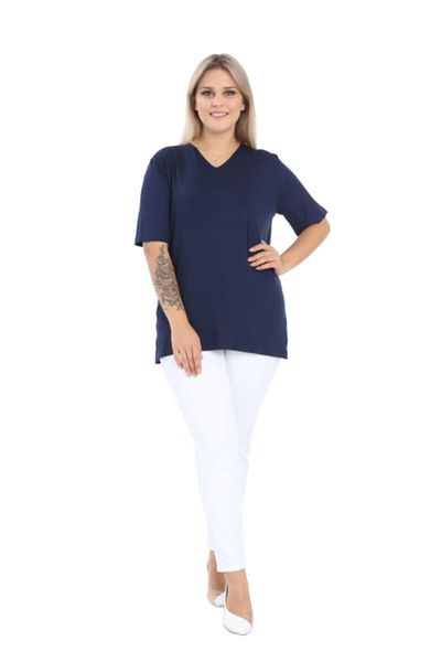 GOLVEN V-Neck Navy Blue Cotton Large Size T-Shirt