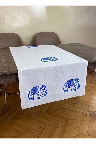 pamukidea Blue Elephant Pattern Runner Plank Printed Stone Print Buldan Lucru manual Bumbac In Pânză Shemant Ranır Filli