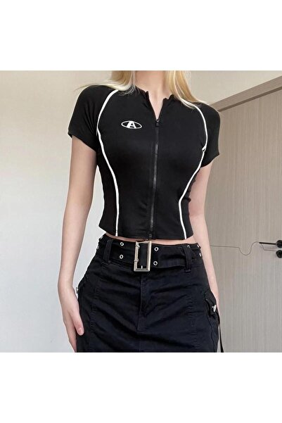 Köstebek Black Symbol A Zippered Half Crop Cardigan