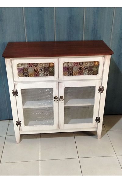 VİLLAÇAM AHŞAP 2 Drawers Wire Cabinet White Antique