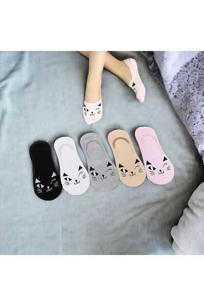 Çorabistaan 5 Çift Sevimli Çok Renkli Kedi Desenli Kadın Babet Çorap