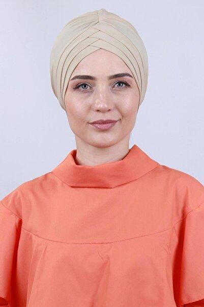 Moda Asse Çapraz 3 Bantlı Çift Taraflı Dış Bone Hazır Türban Bej