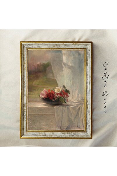 Sanart Pictură vintage cu rame, pictură în ulei, pictură înrămată, decor artistic, pictură cu flori