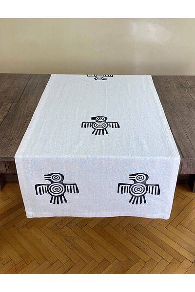 pamukidea Pagan Bird Patterned Runner Wood Printed Stone Print Buldan Βαμβακερό λινό ύφασμα Σεντόνι Ranır Kuşlu - Bird