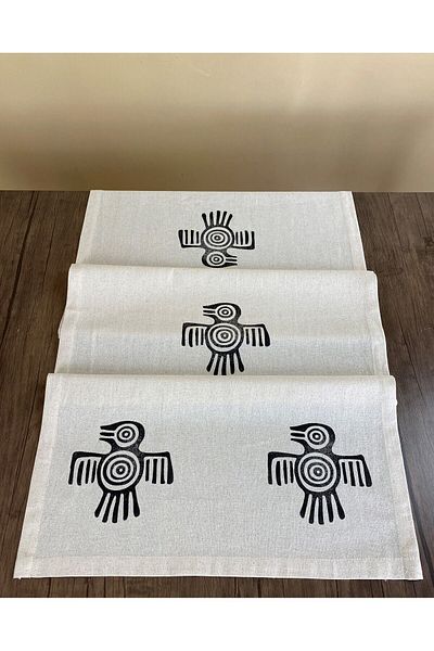 pamukidea Pagan Bird Patterned Runner Wood Printed Stone Print Buldan Βαμβακερό λινό ύφασμα Σεντόνι Ranır Kuşlu - Bird