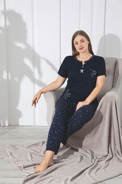 şıklık durağı Large Size Navy Blue Star Patterned Cotton Combed Cotton Women's Pajamas Set