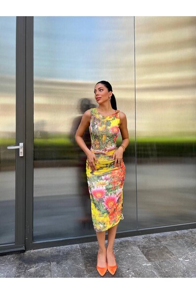 S&A Collectionn Rochie de damă din tul drapat cu imprimeu floral - cu fantă până la genunchi