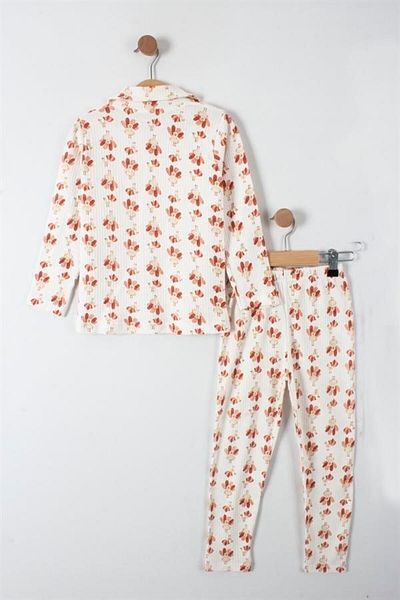 BOYS AND GİRLS 2 Piece Pajama Set with Peacock Pattern and Button Detail