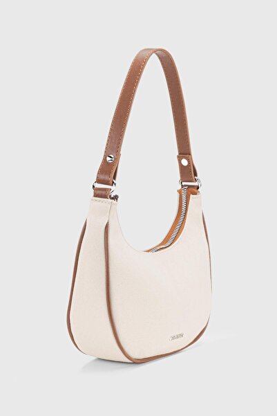 Housebags Kadın Krem-Kahve Kanvas Yarım Ay Kol Çantası 242
