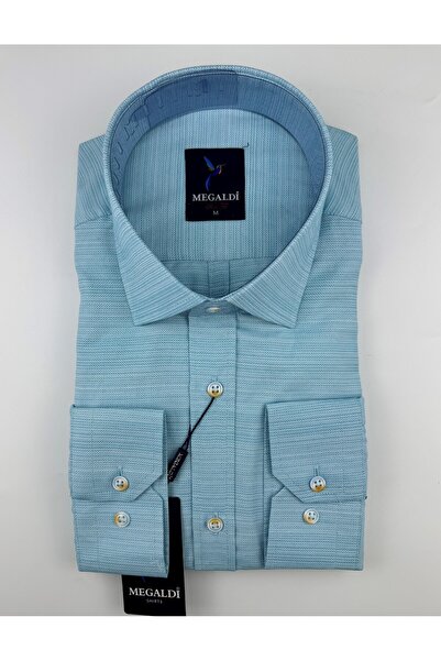 MEGALDİ Erkek Slim Fit Kesim Kendinden Desenli Turkuaz Uzun Kollu Gömlek